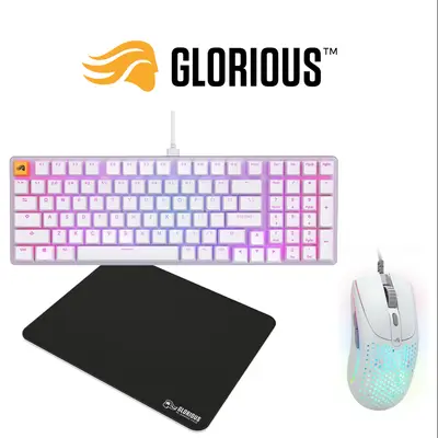 GLORIOUS GMMK 2 PRE-BUILT EDITION FULL SIZE (96%) MODULAR MECHANICAL KEYBOARD (WHITE) & GLORIOUS Model O 2: White Gaming Mouse (Wired), & Glorious Large Gaming Mouse Mat/Pad